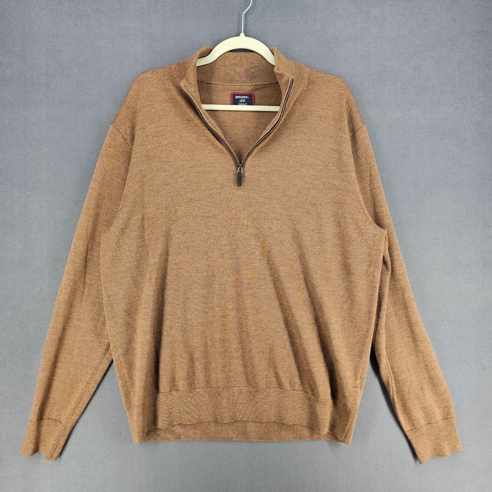 UNTUCKit Sweater Mens Large Brown 1/4 Zip Merino Wool Mock Neck Pullover Knit